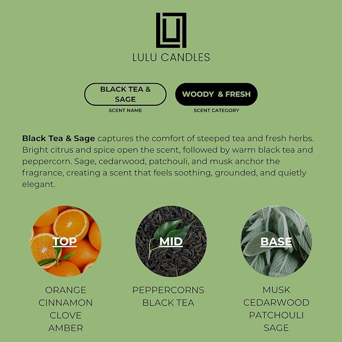 Lulu Candles | Black Tea & Sage | Highly Scented Candles for Home - Soy Blend Jar Candle with 100% Cotton Wick - Slow Burning (9 Oz.)