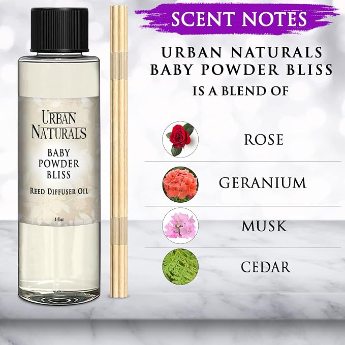 Urban Naturals Reed Diffuser Oil Refill, Baby Powder Bliss Diffuser Oils with Rose, Geranium, Cedar, 4 oz + Free Reed Sticks, Made in the USA