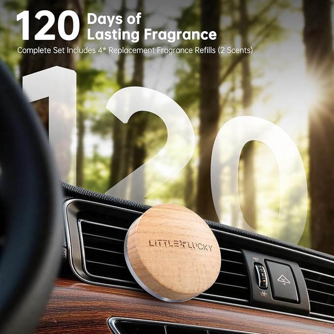 Car Air Freshener, 2 PCS Premium Europe Beech Wood, Car Air Freshener Vent Clip for Hidden Air Vent etc, 4 Scent Refills, 2 Plant-Extract Fragrances from France MANE, Long-lasting for 120 Days