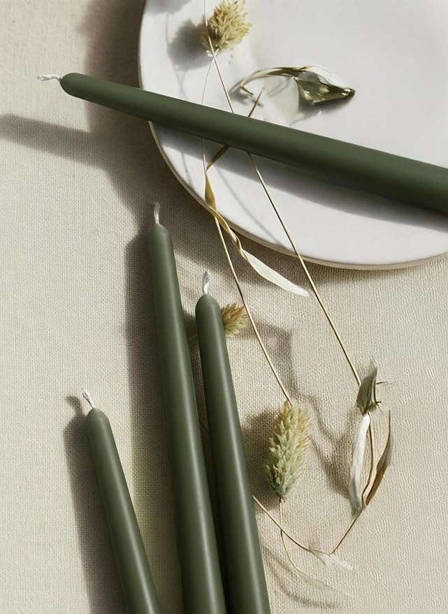 6 PK 10" Classic Taper Candles, Dark Moss Green, 7-8 Hours Long Burning, Unscented Tall Candlesticks