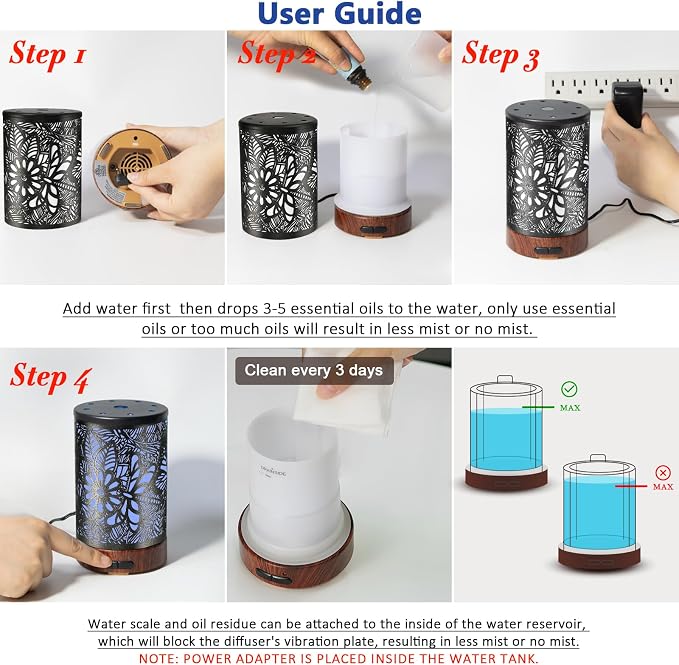 EQUSUPRO Essential Oil Diffuser 150ml Black Metal Aromatherapy Oil Diffuser Ultrasonic Cool Mist Diffuser with Auto Shut-Off Protection,7 Colors Changed LED for Home Office SPA Yoga