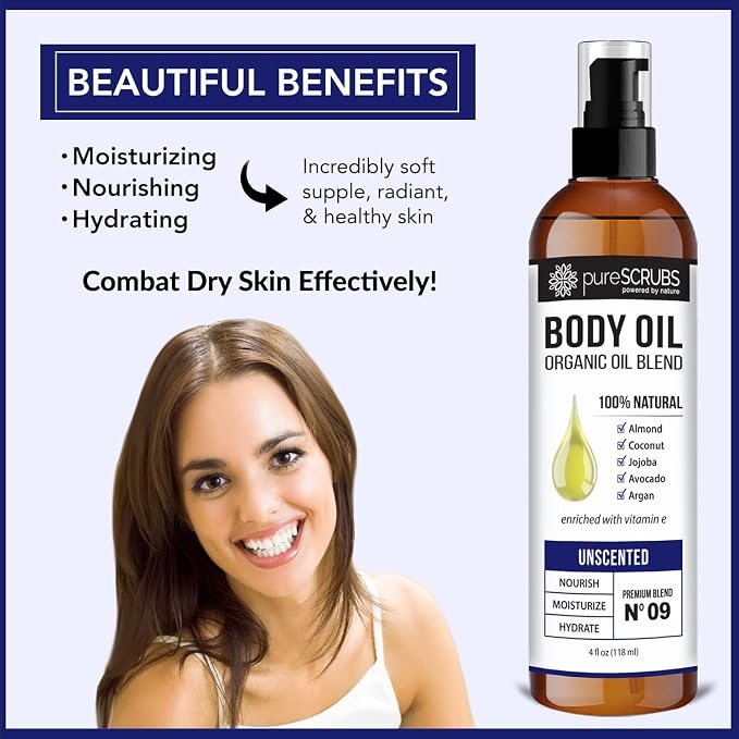pureSCRUBS Ultra Moisturizing Unscented Body Oil for Dry Skin, Lightweight Full Body Moisturizer for Soft, Silky Skin, Massage & Cuticle Oil, Vitamin E Enriched, 4 oz