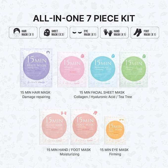 Naisture x Frida Kahlo 15 Min Pamper Me Kit Korean Spa Skincare Gift Set for Women - Head to Toe with Hair, Face, Eye, Hand, Foot Masks & Bonus Item (8 pcs)
