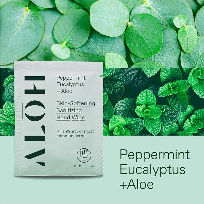 ALŌH Skin - Softening Sanitizing Hand Wipes – Peppermint + Eucalyptus Aloe (1 Box of 20 Individually Wrapped Wipes)