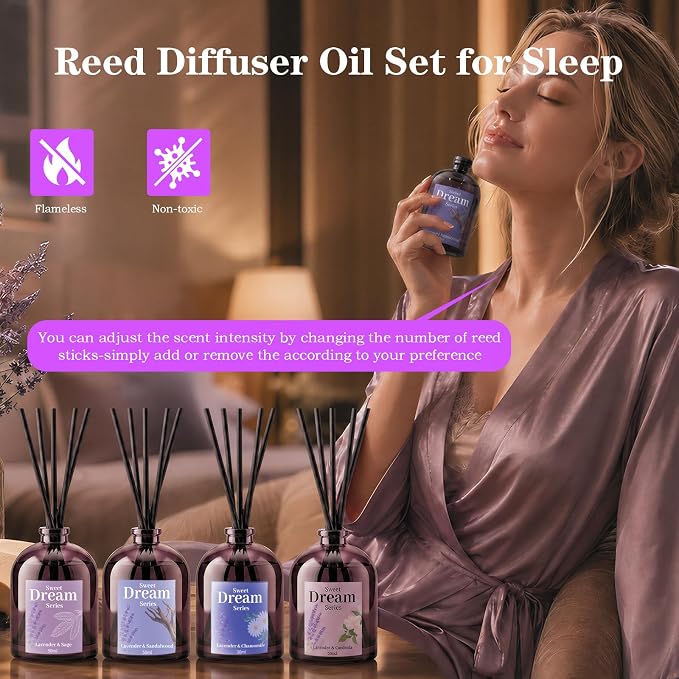 SCENTORINI Reed Diffuser Set for Sleep, Relax, 4 * 1.69oz, Natural Lavender Essential Oil Diffuser, Scented Reed Diffuser, Home Fragrance for Room Spa Bedroom Bathroom Hotel Home Decor