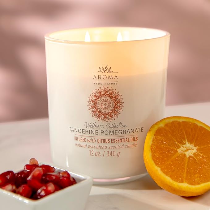 House of Velas, Aroma from Nature Wellness Collection Candle, 12 oz, 2 Cotton Wicks, Tangerine Pomegranate, Large Painted Jar