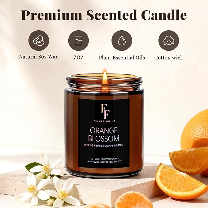 Orange Blossom Scented Candle for Home Soy Wax Candle, Aromatherapy Candle Gift for Women Men, 7oz