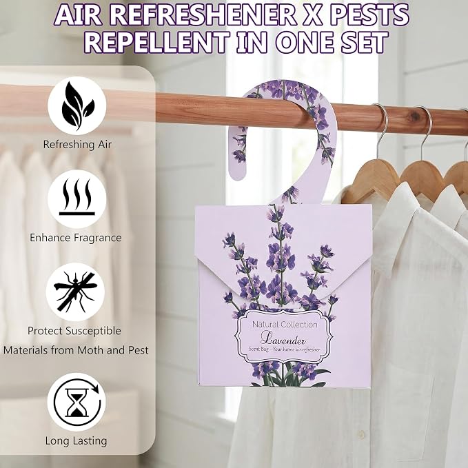 24 Pack Lavender Sachets, Natural Closet Freshener Drawer Sachets Hanging Home Fragrance Long Lasting with 10 Hanging Bags