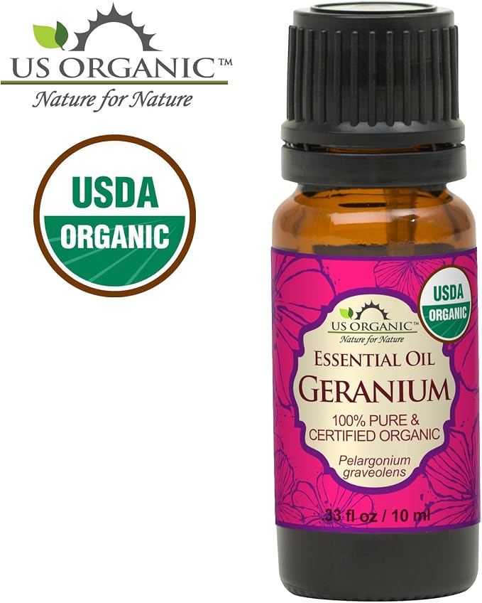 US Organic 100% Pure Geranium Essential Oil - USDA Certified Organic, Steam Distilled - W/Euro droppers (More Size Variations Available) (10 ml / .33 fl oz)