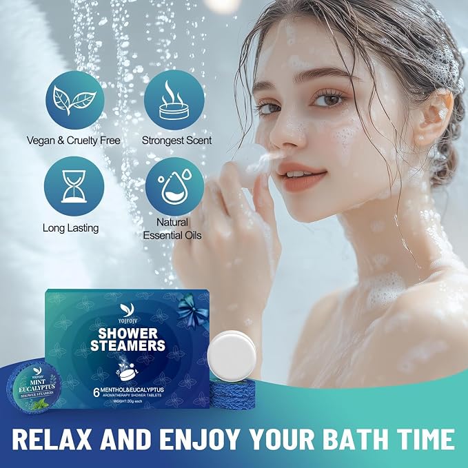 Shower Steamers Aromatherapy, 6PCS Enhanced Mint Shower Tablets with Natural Eucalyptus Essential Oil, Self-Care & Relaxation Gift Set for Women & Men, Daily Home Spa Shower, Calming Aromatherapy