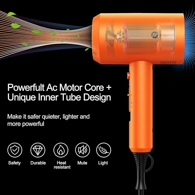 Slopehill Professional Ionic Hair Dryer, Powerful 1800W Fast Drying Low Noise Blow Dryer with 2 Concentrator Nozzle 1 Diffuser Attachments for Home Salon Travel (Cosmic Orange)