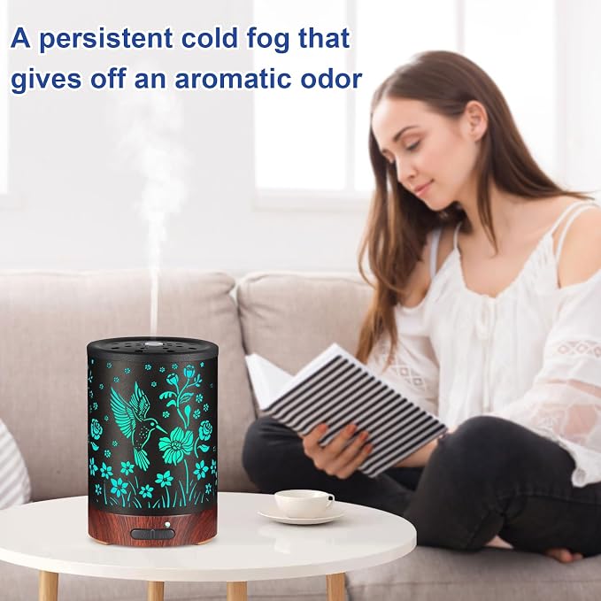 Essential Oil Diffuser- Aromatherapy Diffuser with7 Colors Light and Auto-Off for Women Metal Cool Mist Humidifier for Home and Office for Mom Women（Hummingbird）