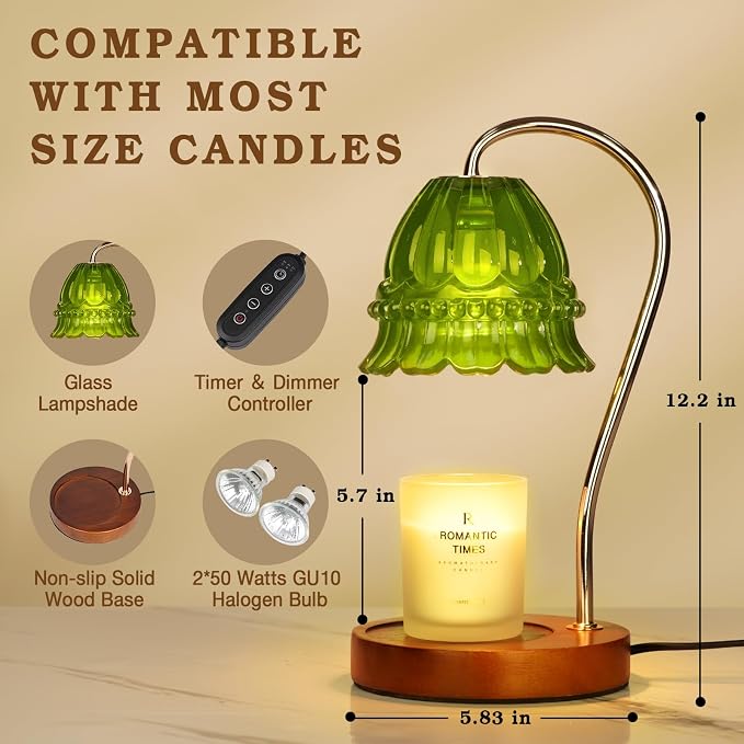 Funistree Flower Candle Warmer Lamp with Timer, Dimmable Candle Lamp Warmer, Christmas Birthday Gifts for Women Mom Her, Housewarming Home Decor, Lotus Wax Warmer for Yankee - Green Flower 10 Inch