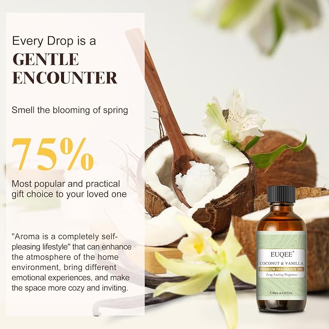 Coconut & Vanilla Fragrance Oils, Premium Essential Oils with Glass Dropper for Diffusers, Candle & Soap Making, Bath Bombs (2.02 Fl oz/60 ml)