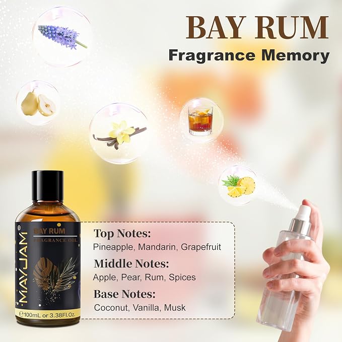 Bay Rum Fragrance Oil Essential Oil, MAYJAM 3.38FL.OZ Bay Rum Oil for Diffusers for Home, Long Lasting Scented Oils for Soap Candle Making - 100ML
