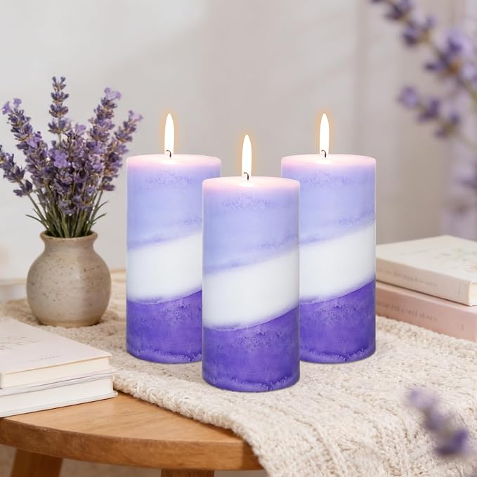 Crystal Club Lavender Scented Pillar Candles, Set of 3 3x6 Inch Purple Pillar Candles, 70+ Hours Long Burning Time, 100% Cotton Wick, Smokeless & Dripless for Home Decor, Relaxation, and Aromatherapy