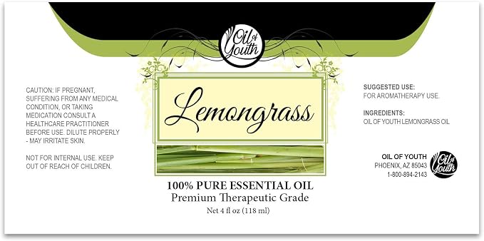 Oil of Youth Therapeutic Grade Lemongrass Essential Oil 4 fl oz with Dropper for Diffuser, Hair, Skin, and Aromatherapy