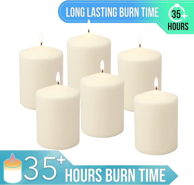 Stonebriar Unscented Pillar Candles – 35 Hour Burn Time, Long-Lasting Wax Candles for Weddings, Holidays, Home Décor & Special Events, Pack of 6, Ivory, 3" x 4"