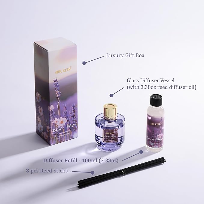 Airkeep Reed Diffuser Set with Refill & 8 Reed Sticks, 6.96 fl oz Lavender Whisper Home Fragrance, Long Lasting Aromatherapy Diffuser for Bedroom, Bathroom & Living Room