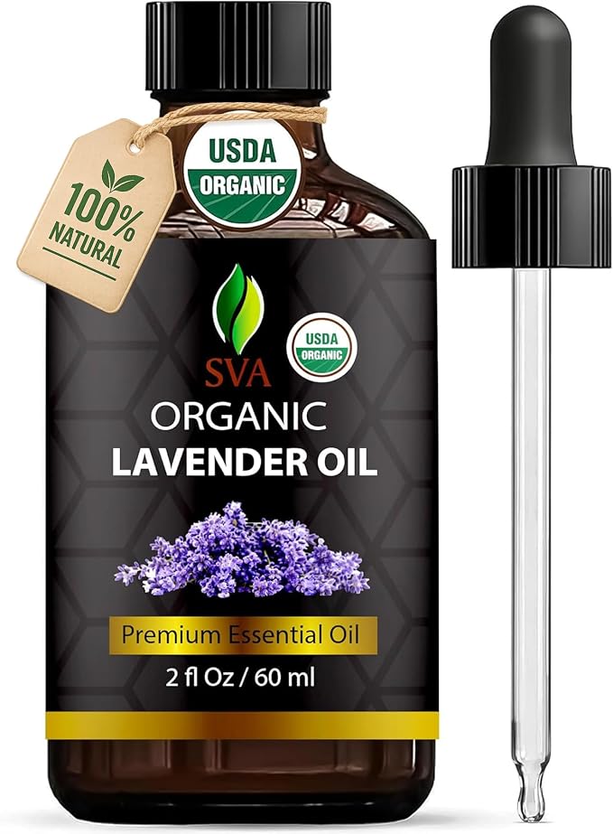 SVA Lavender Essential Oil Organic – 2 Fl Oz – 100% Natural Organic Lavender Oil - for Diffuser, Hair, Face, Skin Care, Aromatherapy, Scalp and Body Massage, Soap and Candle Making - with Dropper