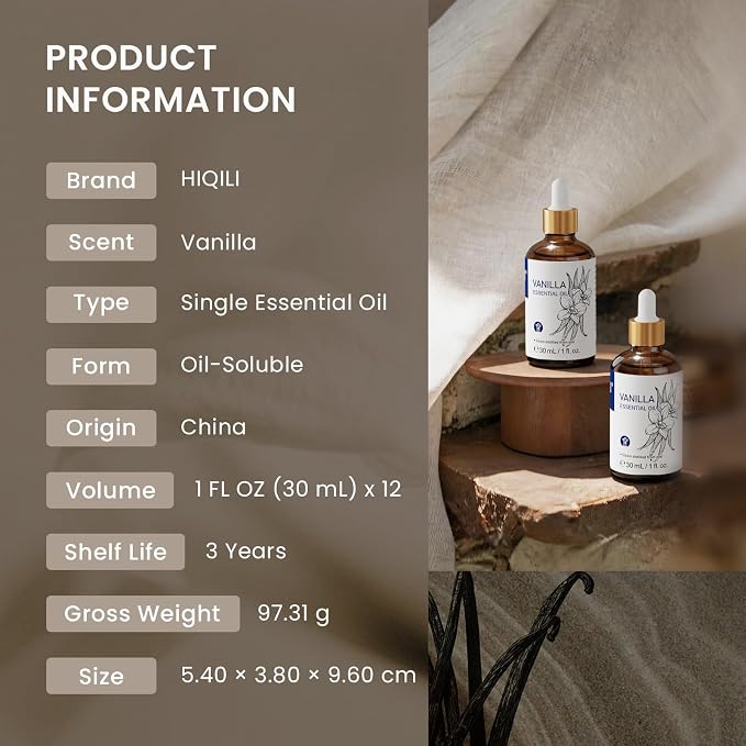 HIQILI Vanilla Essential Oil Set-1 fl oz (12 Pack),Stable Quality, Bulk Pack for Business Purchase