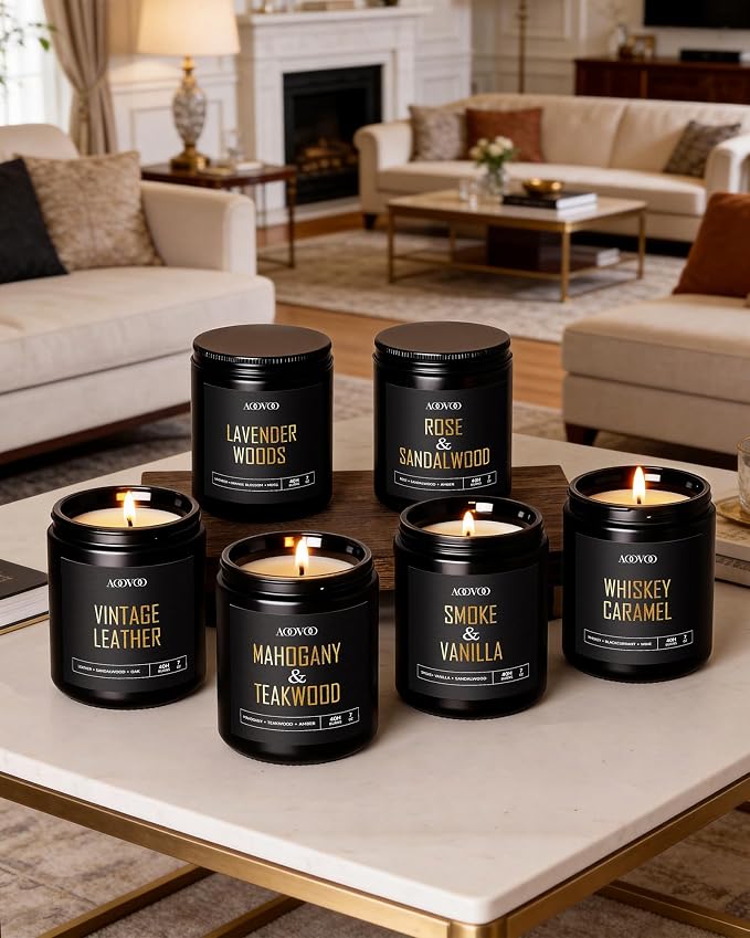 AOOVOO Scented Candles for Men - 6 Pack Candles for Home Scented, 42oz Soy Wax, 300 Hour Burn Time, Rose Sandalwood/Mahogany Teakwood/Smoke Vanilla/Leather/Lavender/Whiskey Caramel Candle Set