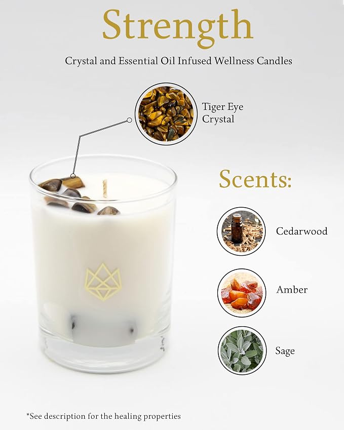 Tiger Eye Crystal Infused Luxury Glass Jar Candle, 14.5 OZ, Strength - Scents of Cedarwood, Amber, & Sage - Power, Courage, & Expansion - Coconut Wax, Meditation, Yoga, Metaphysical