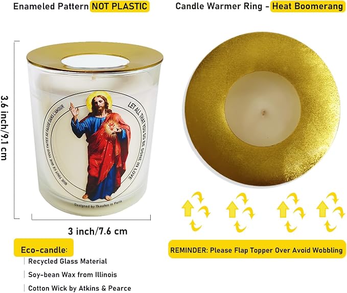 Sacred Heart Jesus Frankincense Lavender Scented Candle 50 Hours with Warmer Ring│Hand-Poured Soy Wax│Family Protection, Success, Redemption, Healing, Forgiveness│Design in Paris│3“×3.6”