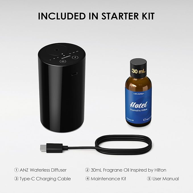 Waterless Essential Oil Diffuser Starter Kit with 30mL Hotel Fragrance Oil Inspired by Hilton, Battery Operated Diffuser Oil Machine, Portable Aroma Diffuser for Home Car Office, ANZ-Kit