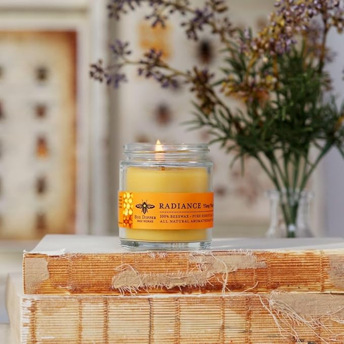 Big Dipper Wax Works Beeswax Aromatherapy Candle, Radiance, Apothecary Glass, Ylang Ylang & Tangerine Scented, 25-Hour Burn, Pure Essential Oils, 2" x 2.5"