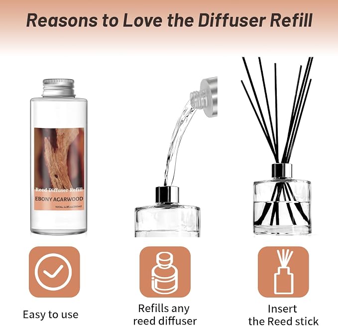 STRN Reed Diffuser Oil Refill, Ebony Agarwood Scented Diffuser Oil Refills with 6 Reed Sticks 200ML(6.8fl.oz), Room Fresheners for Home, Long-Lasting Summer Fragrance for Living Room, Bedroom, Office