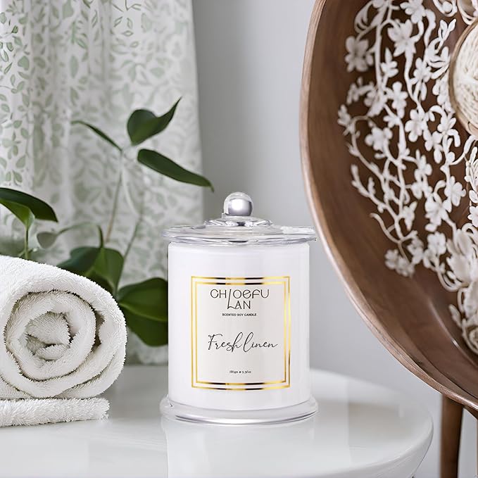 White Linen Candles, Luxury Scented Soy Jar Bathroom Candle, Highly Fragranced, Odor Eliminating Candles for Home, Air Freshing Soy Candle, White Glass Jar, Essential Oils, 75 Hours 10 oz