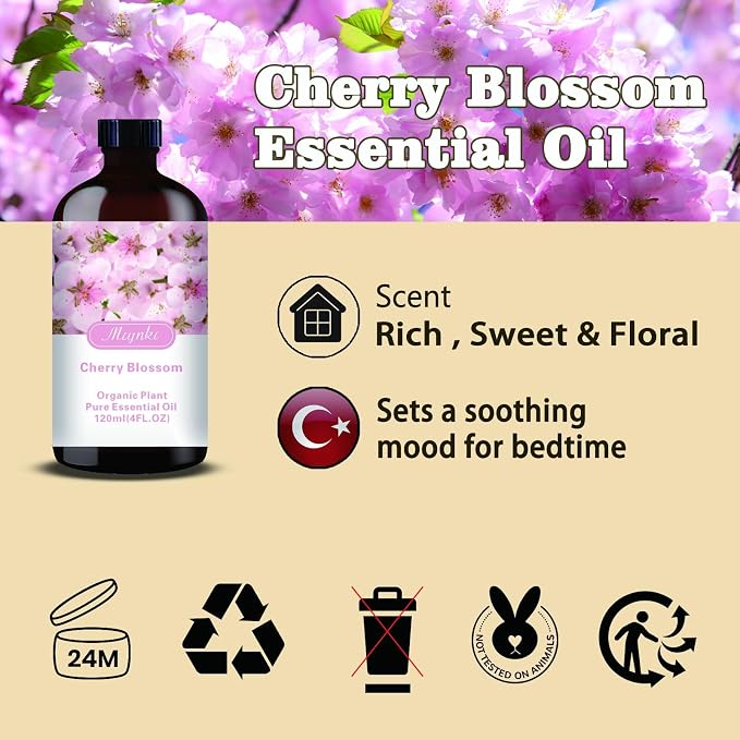 Cherry Blossom Essential Oil, Cherry Blossom Oil for Diffuser, Humidifier, DIY Candle, Soap, Floral Scent, Home, Gift Ready,Cherry Blossom Fragrance Oil - MLYNKL Essential Oils (4.33 fl oz / 130ml)