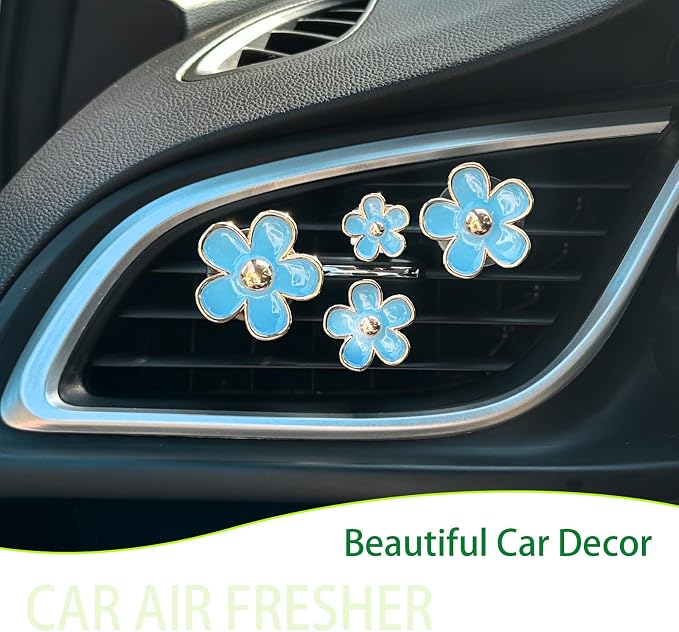 ORIESSE 4pcs Flowers Air Vent Clips Car Air Freshener,Girly Flowers Car Accessories for Women,4 Sizes Light Blue Daisy Flower Car Vent Clips Cute Car Decor,Refillable Car Diffuser