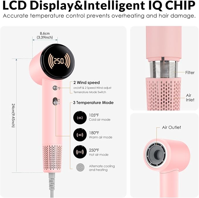 Chignon Hair Dryer with Diffuser, Ionic Travel Hairdryer with 160,000 RPM High-Speed Motor for Fast Drying, 1600W Lightweight Blow Dryer with Concentrator for Women Men, Professional Salon Home, Pink