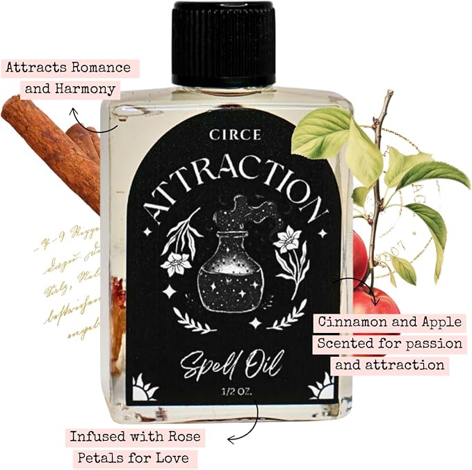 CIRCE Attraction Spell Oil - Enhance Magnetic Energy, Invite Positivity & Love - Add to Bath, Use in Rituals, Wear as Fragrance to Align w/Desires - Rose Petals, Cinnamon Chips & Grapeseed Oil- 1/2oz