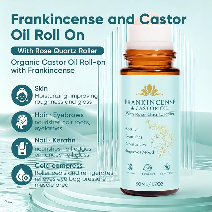 Frankincense and Castor Oil, Organic Castor Oil Rose Quartz Roller Ball, 100% Pure, Cold-Pressed, Firms Skin, Reduces Fine Lines & Wrinkles, Suitable for Face, Neck, Abdomen, 50ML/1.7OZ (1)