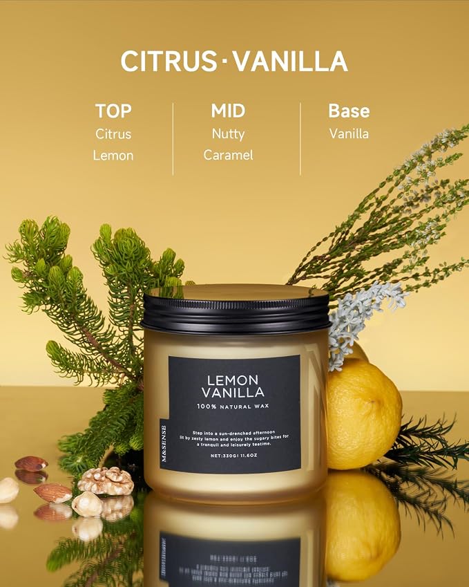 M&SENSE Lemon Vanilla Home Scented Candles, 11.6oz Organic Soy Wax, 70-Hour Clean Burning, Natural Candles Non Toxic, Citrus Scent for Relaxation, Aromatherapy Housewarming Gift for Men Women