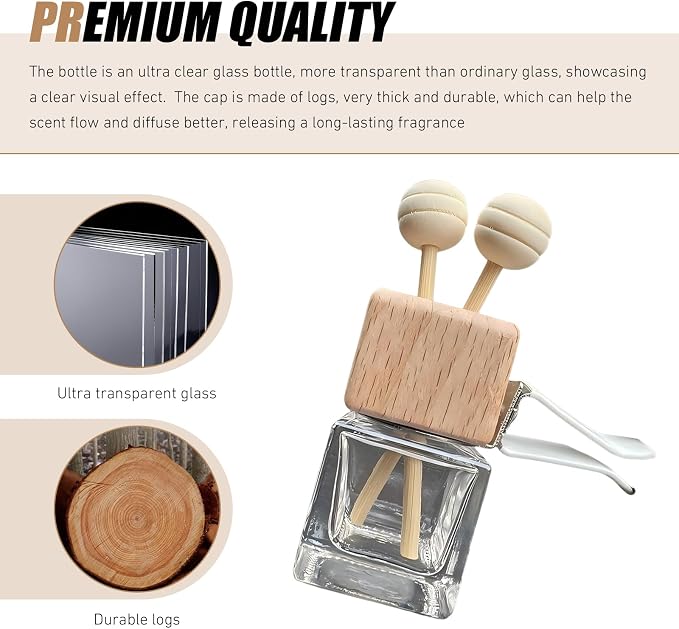 4 PCS Car Diffuser Air Freshener Bottles, Refillable Empty Glass Essential Oil Diffuser Vent Clip & Wooden Caps Sticks, Universal Aromatherapy Diffusers for Most Vehicles (Square)