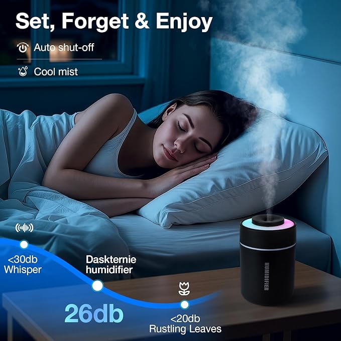 Small Mini Humidifier, USB Desk Cool Mist Humidifier Personal Portable Quiet Table Desktop Humidifiers for Cooling Home Office Car Summer Travel (180ml, Black)
