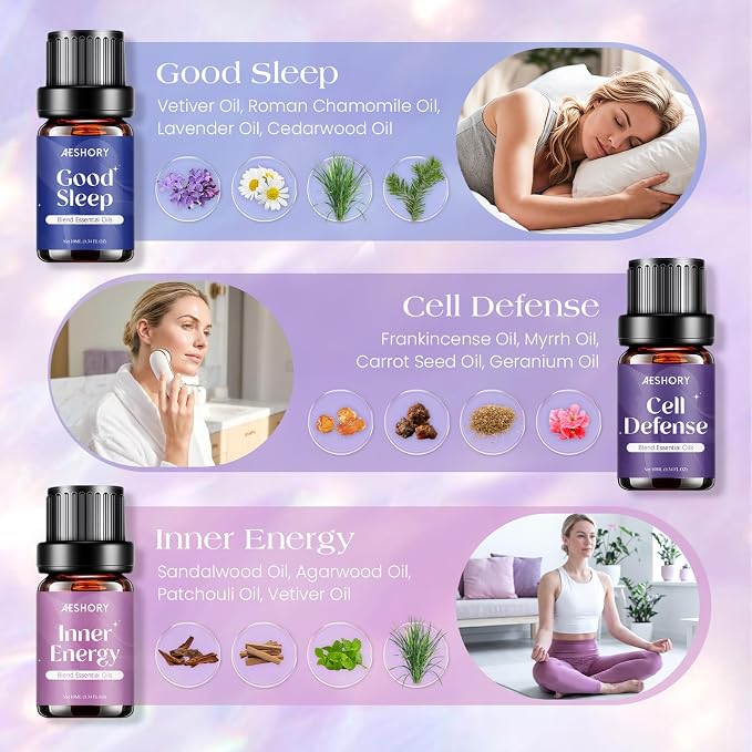 AESHORY Well-Aging Essential Oils Set, 6 Premium Aromatherapy Blend Oils for Diffusers for Home, Self Care & Relaxation Gift for Women, Good Sleep, Stress Reset, Vital Flow, Skin Glow, 6 x 10ML