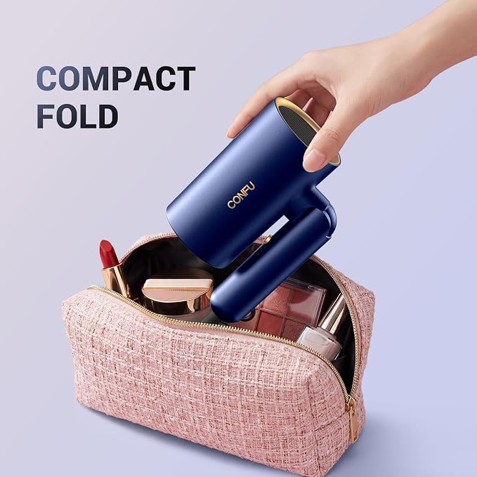 CONFU Diffuser Hair Dryer for Curly Hair,1500W Fast Drying Blow Dryer with Diffuser for Women,Compact & Portable Negative Ion Hairdryer,Mini and Foldable Blowdryer Design for Travel(Blue)