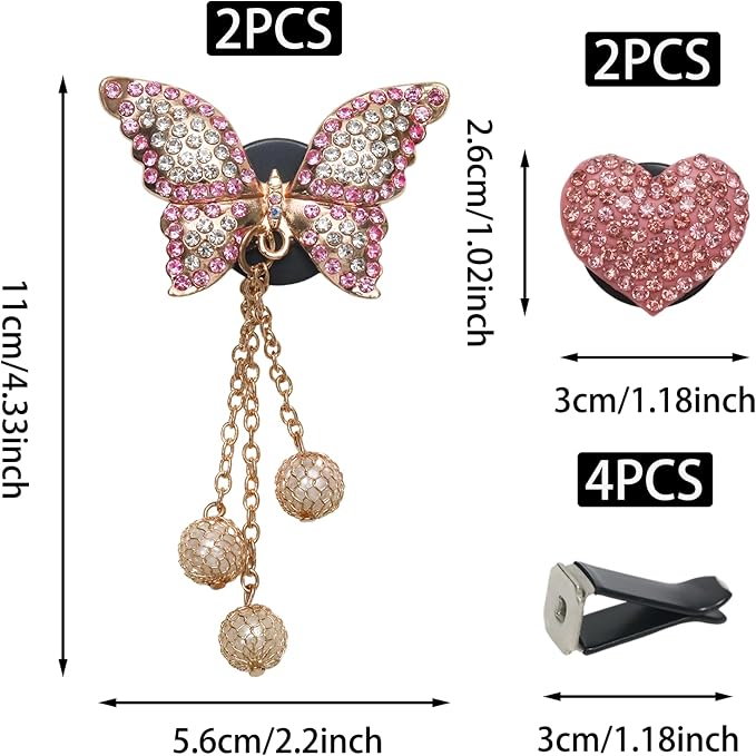 4pcs Bling Heart & Butterfly Air Vent Clips,Cute Pink Diamond Car Air Fresheners Diffuser,Crystal Pendant Decoration Car Interior Accessories for Women