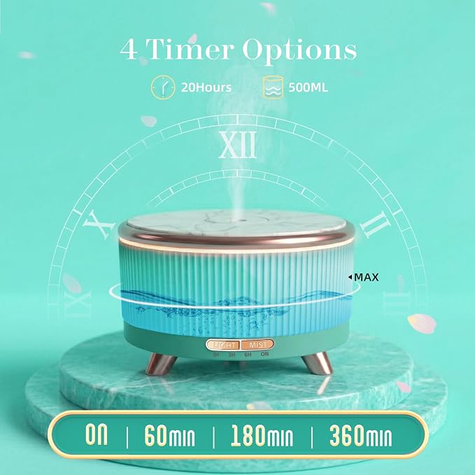 500ML Large Capacity Essential Oil Diffuser, Ultrasonic Aromatherapy Diffuser with 7 Color LED Lights with Remote Control, Cool Mist Humidifier, Timed Mist, Auto Shut-Off (Emerald)