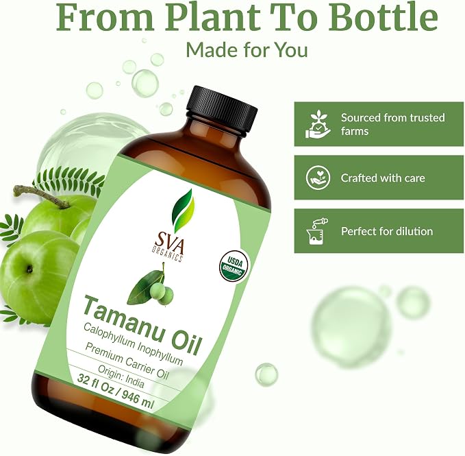 SVA Tamanu Seed Oil Organic - 32 Fl Oz – 100% Natural Cold Pressed Tamanu Oil - for Face, Skin Care, Hair Care, Scalp Massage & Body Massage – Carrier Oil
