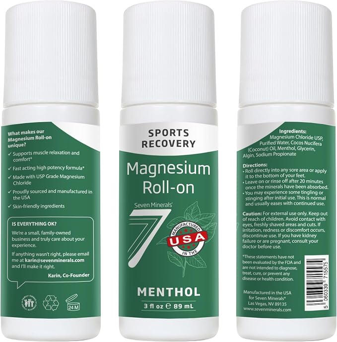 Seven Minerals Magnesium Roll On Stick with Menthol for Pain Relief - Cooling Magnesium Oil for Sports Recovery, Sore Muscles, Backache - Fast Acting - All Natural Alternative, 3 Fl Oz