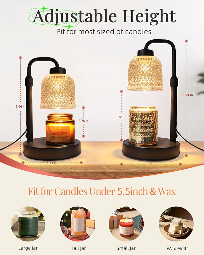 AIFEI Candle Warmer Lamp with Timer, Dimmable Adjustable Height Candle Lamp, Birthday Gifts for Women Mom Sister Friends, House Warming Gifts New Home, Candle Lamp Warmer with 2 Bulbs - CoalBlack