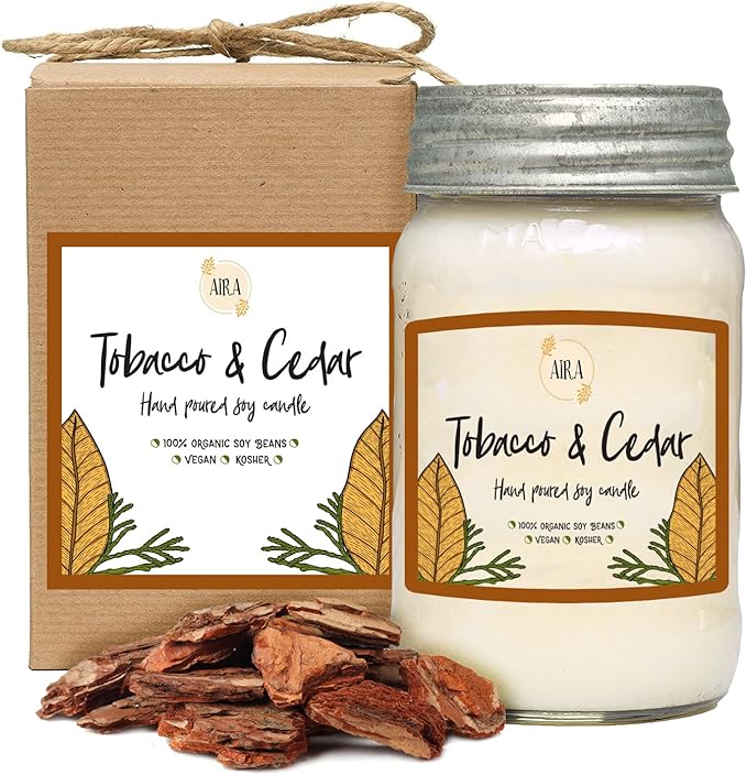Aira Soy Candles - Organic, Kosher, Vegan, in Mason Jar w/Therapeutic Grade Essential Oil Blends - Hand-Poured 100% Soy Candle Wax - Paraffin Free, Burns 110+ Hours - Tobacco & Cedar - 16 Ounces