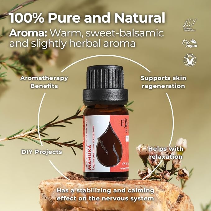 Essences Bulgaria Organic Manuka Essential Oil 0.34 Fl Oz | 10ml | Leptospermum scoparium | 100% Pure and Natural | Undiluted | Therapeutic Grade | Aromatherapy | Cosmetics | Cruelty Free | Non-GMO