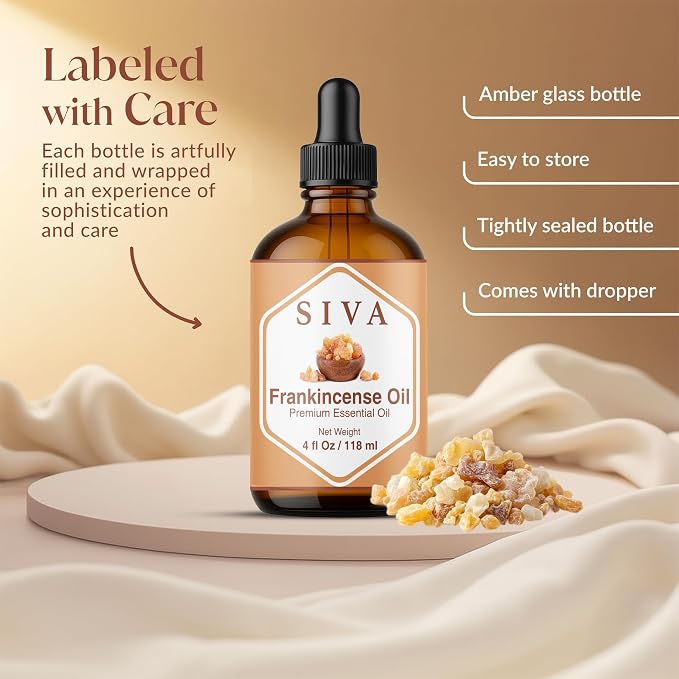 Siva Frankincense Essential Oil 4 Fl Oz – for Diffuser, Skin & Hair Care – Ideal for Aromatherapy, Massage & DIY Blends - with Dropper